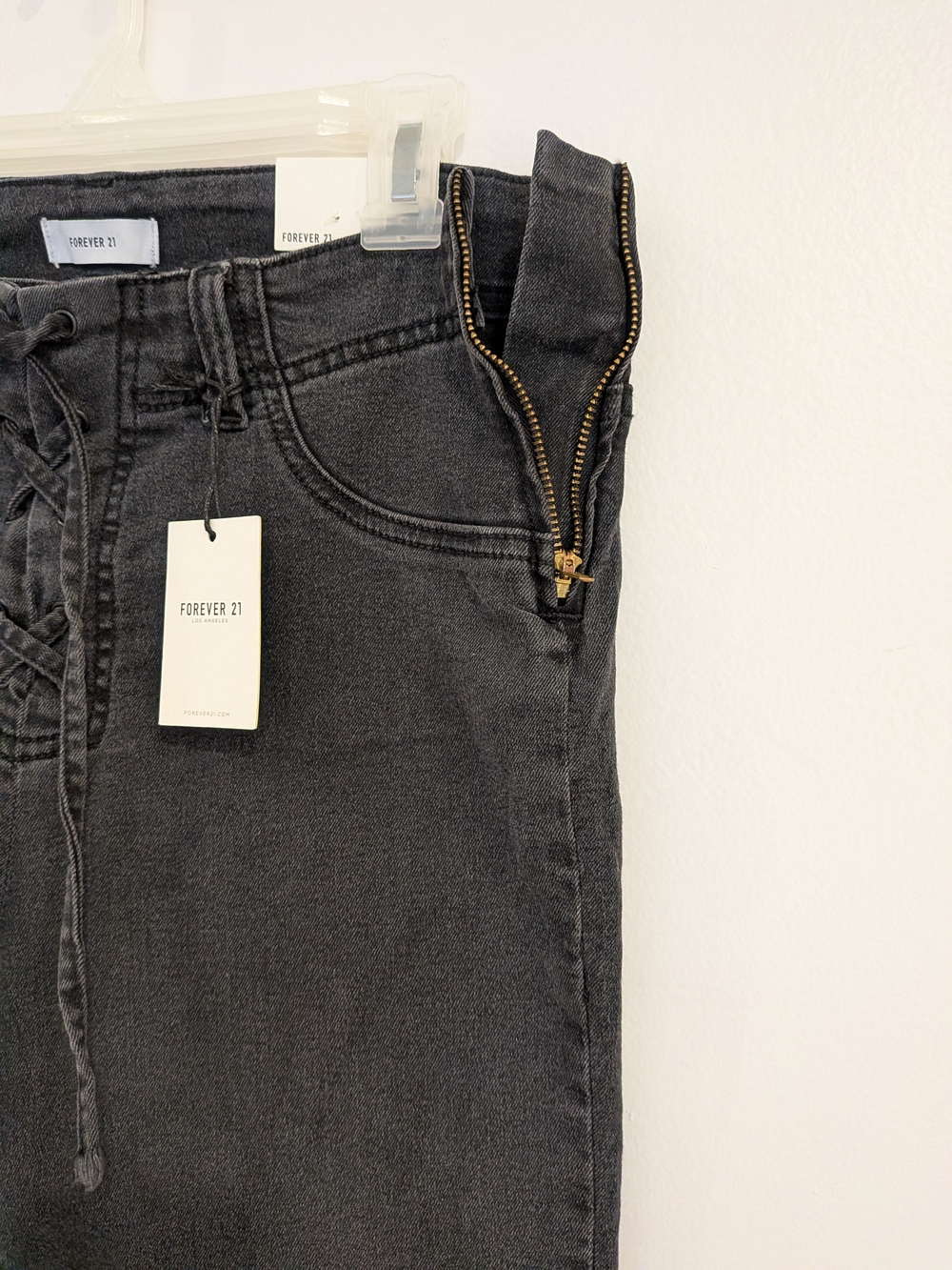 Bootcut Washed Black Lace Up Denim Jeans Women Solid Zip Drawstring NWT - Picture 5 of 10